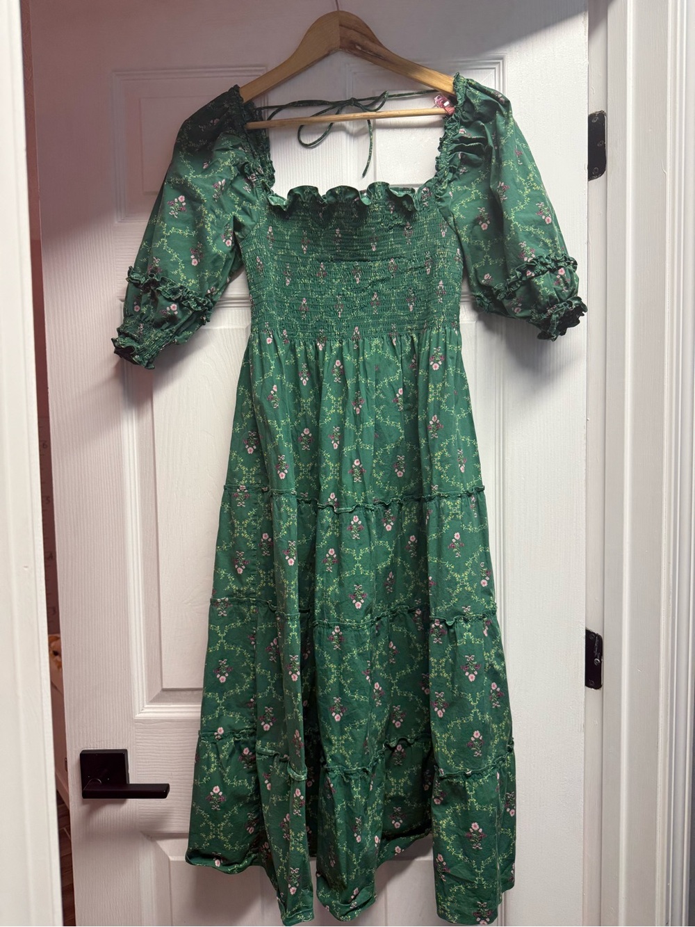 Hill House Green Floral Smocked Nesli Nap Dress with Puff Sleeves